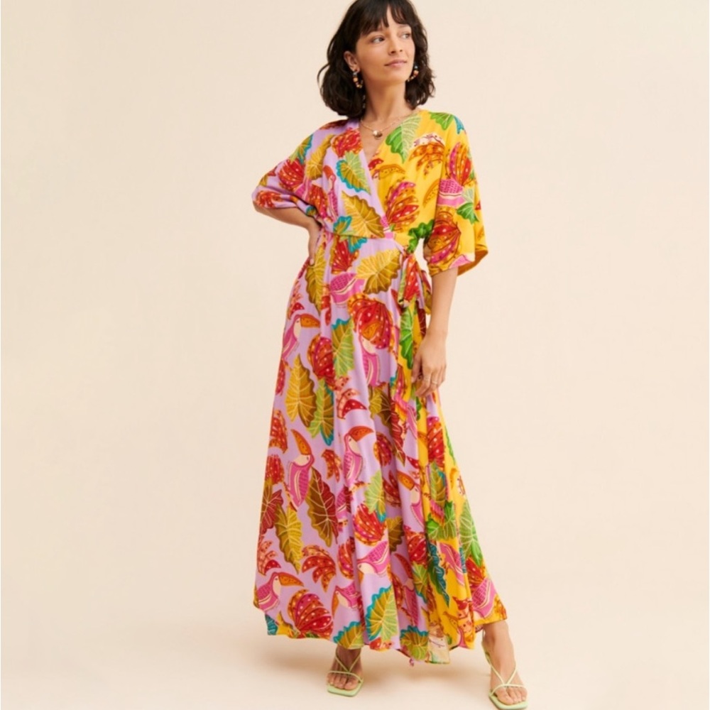 Farm Rio Beaks & Bananas Maxi Wrap Dress